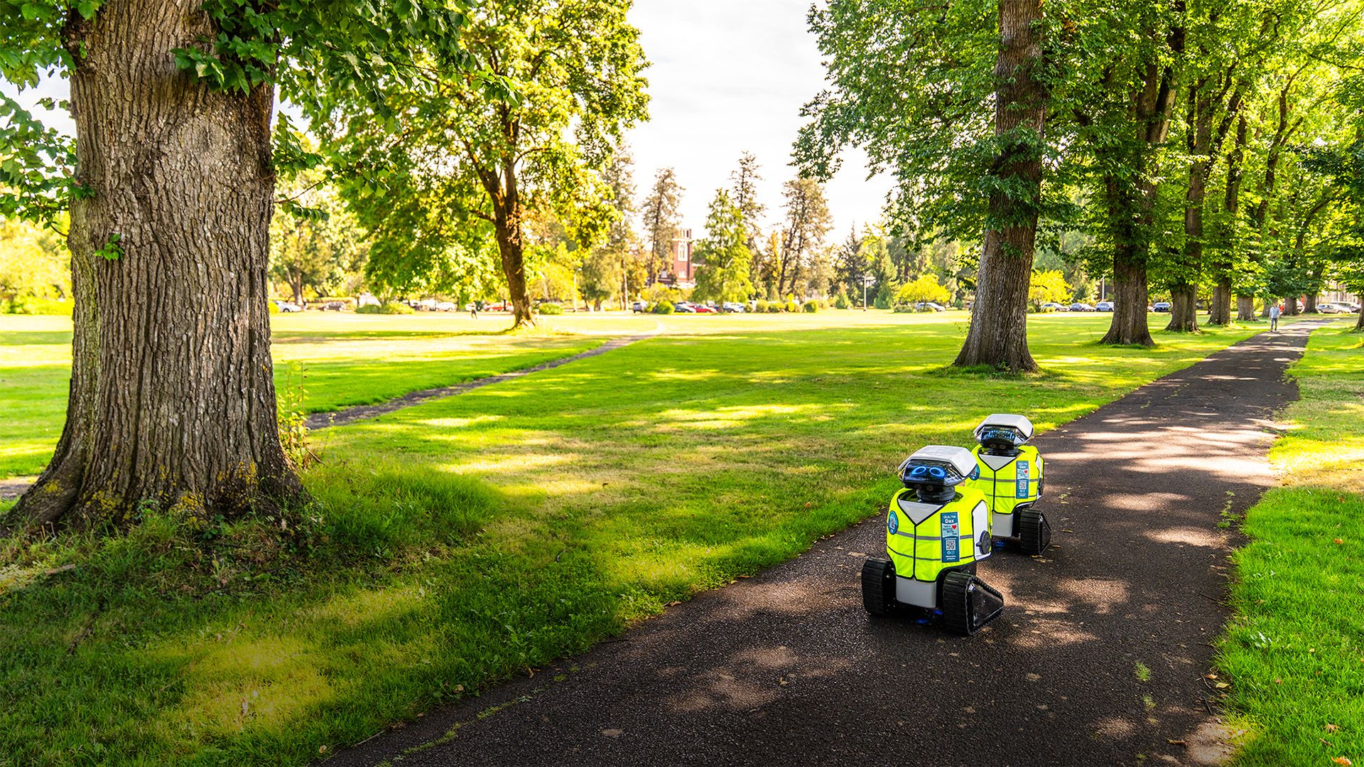 Two Dax robots drive down a pathway through a park